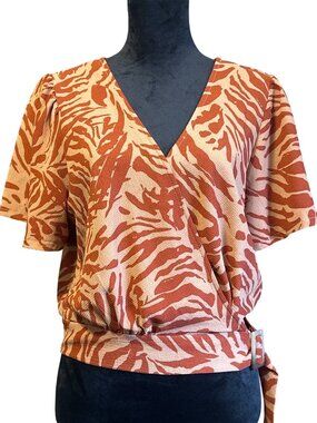 June & Hudson Womens Zebra Print Wrap Top With Belt Short Sleeve V-Neck Size 1